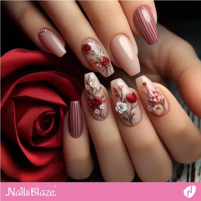 Vintage Floral Nail Design with Stripes | Valentine Nails - NB2107